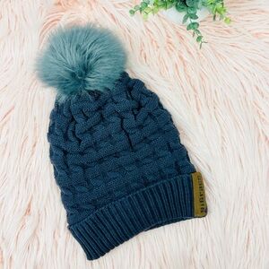 ViGrace Dark Gray Chenille Knit Fleece Lined Hat W/Faux Fur Pom-Pom